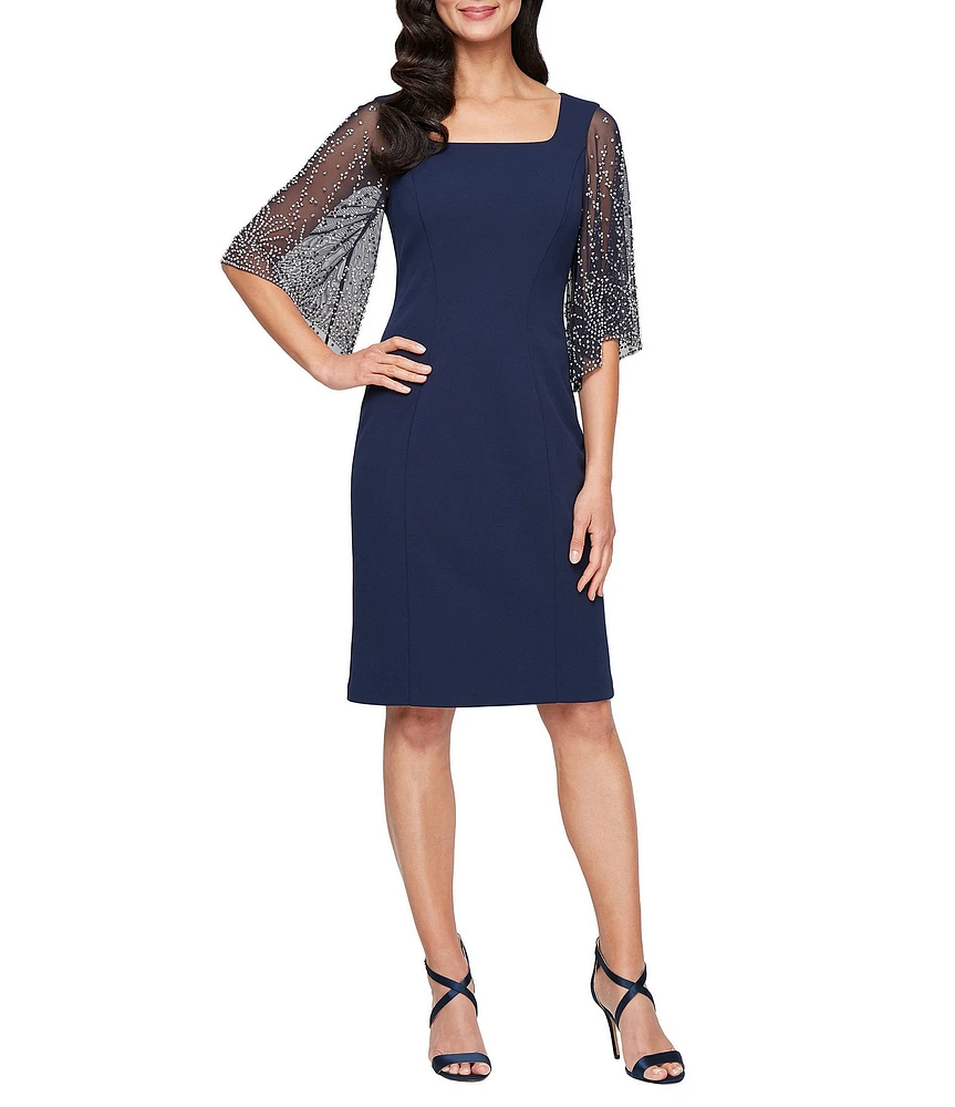 Alex Evenings Petite Size 3/4 Beaded Illusion Sleeve Sheath Dress