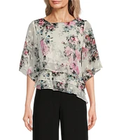Alex Evenings Petite Size 3/4 Bell Sleeve Crew Neck Triple Tier Asymmetrical Hem Floral Chiffon Blouse