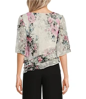 Alex Evenings Petite Size 3/4 Bell Sleeve Crew Neck Triple Tier Asymmetrical Hem Floral Chiffon Blouse