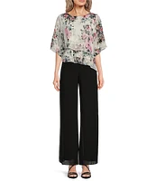 Alex Evenings Petite Size 3/4 Bell Sleeve Crew Neck Triple Tier Asymmetrical Hem Floral Chiffon Blouse
