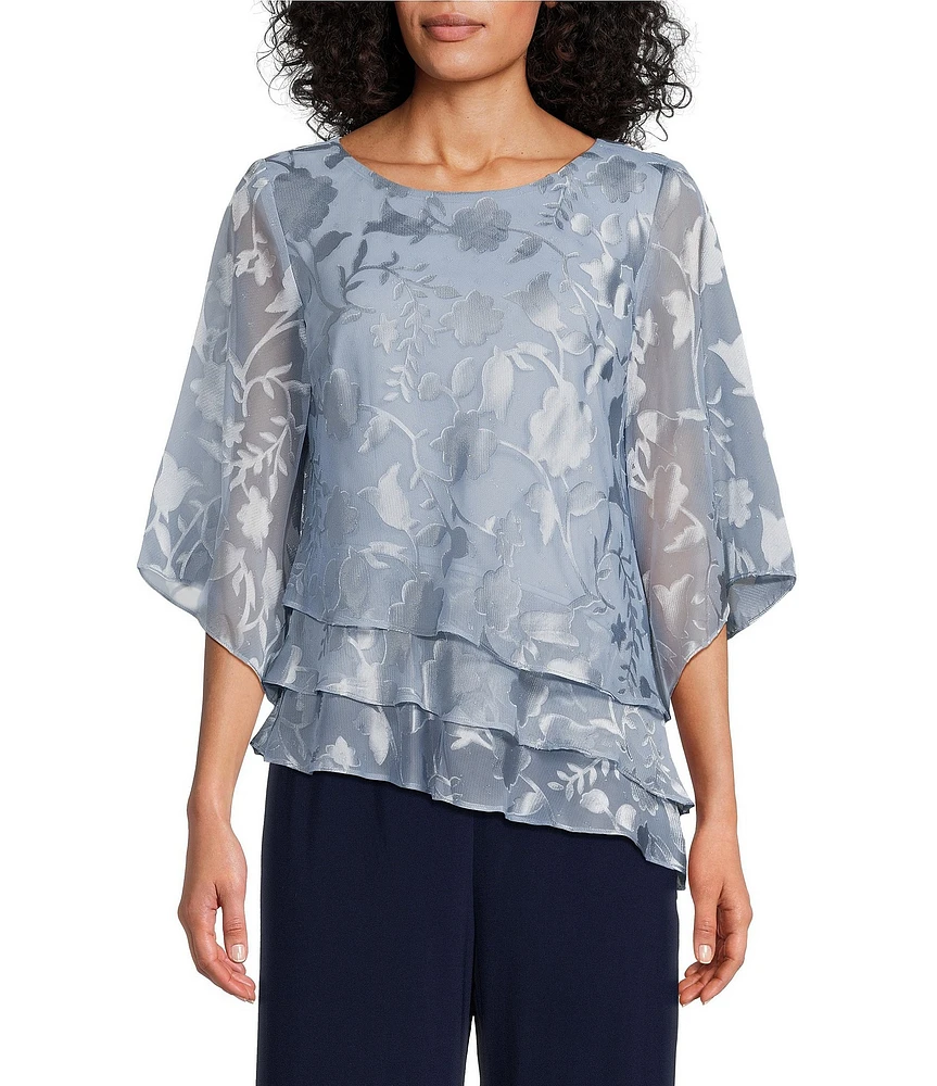 Alex Evenings Petite Size 3/4 Illusion Sleeve Crew Neck Asymmetrical Triple Tier Hem Printed Chiffon Blouse