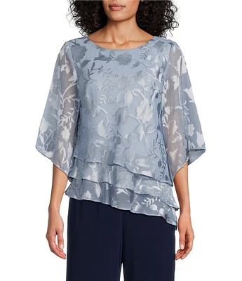 Alex Evenings Petite Size 3/4 Illusion Sleeve Crew Neck Asymmetrical Triple Tier Hem Printed Chiffon Blouse