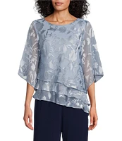 Alex Evenings Petite Size 3/4 Illusion Sleeve Crew Neck Asymmetrical Triple Tier Hem Printed Chiffon Blouse