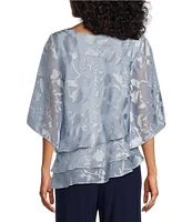 Alex Evenings Petite Size 3/4 Illusion Sleeve Crew Neck Asymmetrical Triple Tier Hem Printed Chiffon Blouse