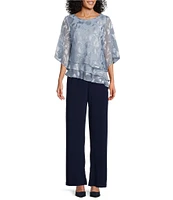 Alex Evenings Petite Size 3/4 Illusion Sleeve Crew Neck Asymmetrical Triple Tier Hem Printed Chiffon Blouse