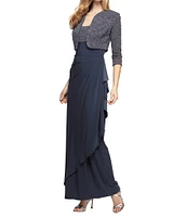 Alex Evenings Petite Size 3/4 Ruched Sleeve Square Neck Glitter 2-Piece Maxi Jacket Dress