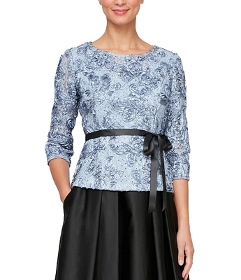 Alex Evenings Petite Size 3/4 Sleeve Scoop Illusion Neck Tie Belt Rosette Blouse