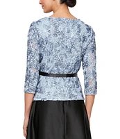 Alex Evenings Petite Size 3/4 Sleeve Scoop Illusion Neck Tie Belt Rosette Blouse