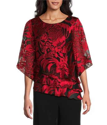 Alex Evenings Petite Size Illusion Elbow Length Sleeve Boat Neck Asymmetrical Hem Triple Tier Chiffon Blouse