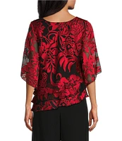 Alex Evenings Petite Size Illusion Elbow Length Sleeve Boat Neck Asymmetrical Hem Triple Tier Chiffon Blouse