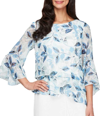 Alex Evenings Petite Size 3/4 Sleeve Triple Tiered Hem Chiffon Blouse