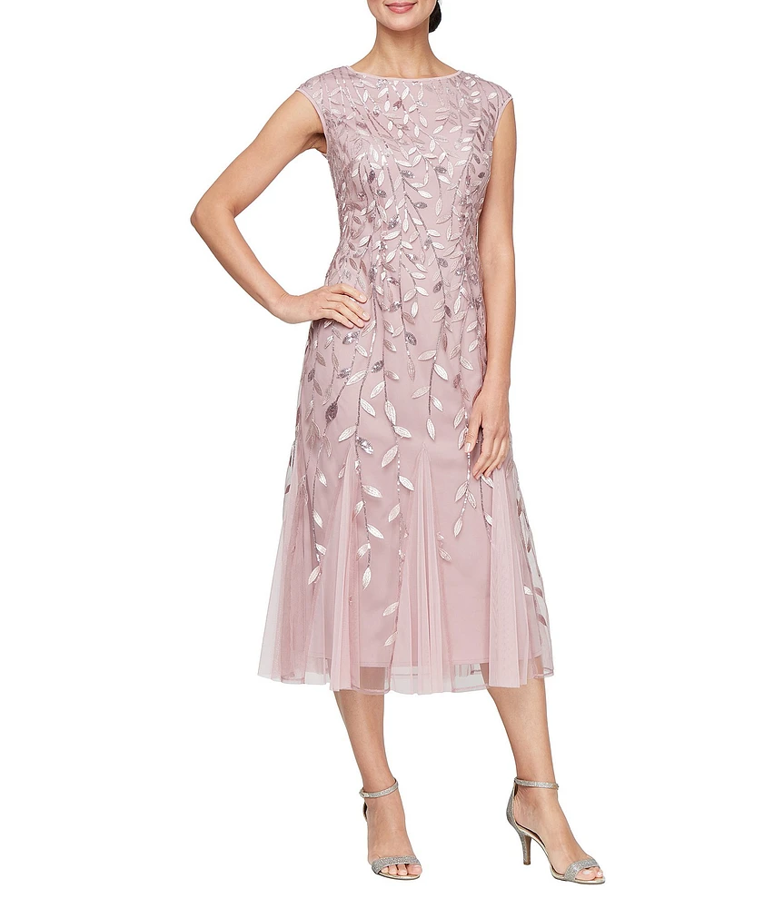 Alex Evenings Petite Size Boat Neck Cap Sleeve Beaded Midi Dress