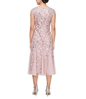 Alex Evenings Petite Size Boat Neck Cap Sleeve Beaded Midi Dress