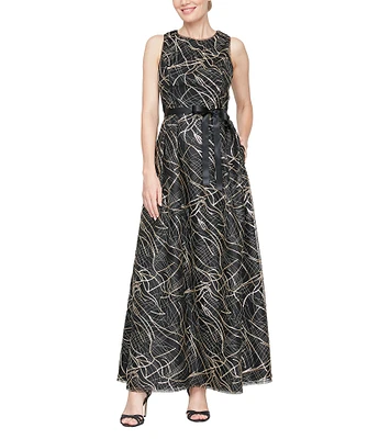 Alex Evenings Petite Size Boat Neck Sleeveless Stretch Tulle Sequin Detail Belted A-Line Dress