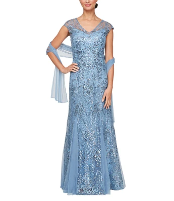 Alex Evenings Petite Size Cap Sleeve V-Neck Godet Skirt Embroidered Tulle Gown With Shawl