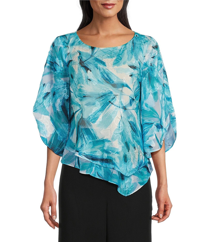 Alex Evenings Petite Size Chiffon Boat Neck 3/4 Sleeve Abstract Floral Print Double Tier Hem Blouse