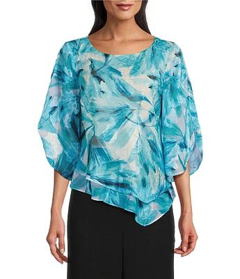Alex Evenings Petite Size Chiffon Boat Neck 3/4 Sleeve Abstract Floral Print Double Tier Hem Blouse
