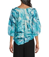 Alex Evenings Petite Size Chiffon Boat Neck 3/4 Sleeve Abstract Floral Print Double Tier Hem Blouse