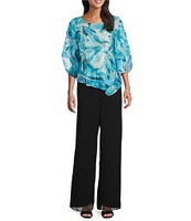 Alex Evenings Petite Size Chiffon Boat Neck 3/4 Sleeve Abstract Floral Print Double Tier Hem Blouse