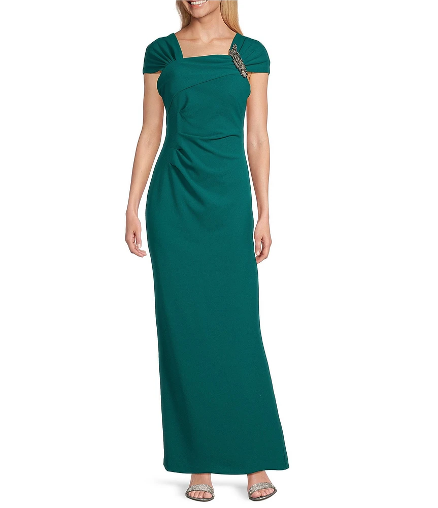 Alex Evenings Petite Size Crepe Asymmetric Embellished Neck Cap Sleeve Sheath Dress