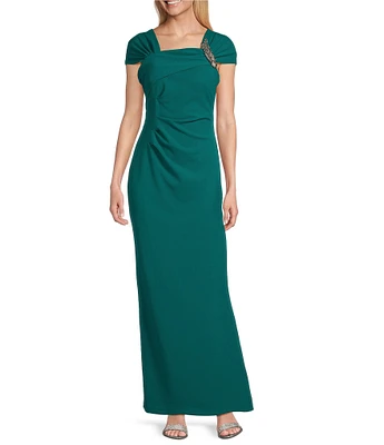 Alex Evenings Petite Size Crepe Asymmetric Embellished Neck Cap Sleeve Sheath Dress