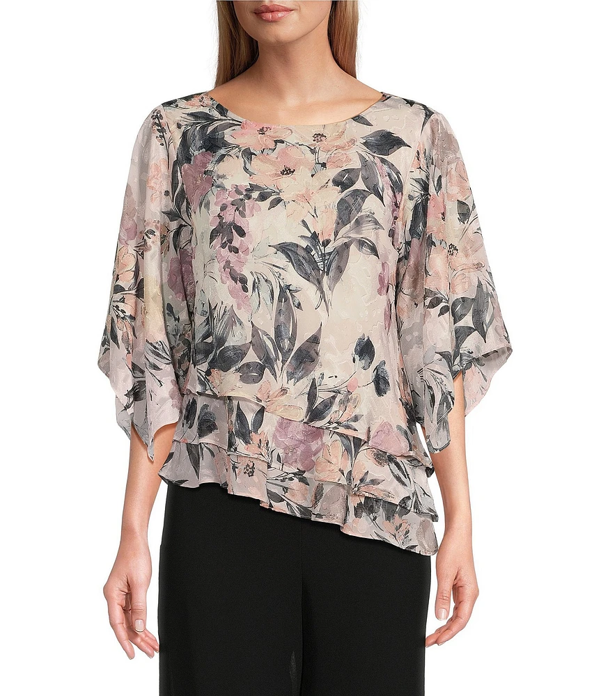 Alex Evenings Petite Size Elbow Sleeve Scoop Neck Asymmetrical Hem Triple Tier Chiffon Blouse