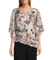 Alex Evenings Petite Size Elbow Sleeve Scoop Neck Asymmetrical Hem Triple Tier Chiffon Blouse