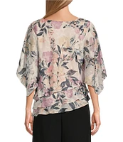 Alex Evenings Petite Size Elbow Sleeve Scoop Neck Asymmetrical Hem Triple Tier Chiffon Blouse