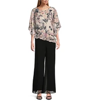 Alex Evenings Petite Size Elbow Sleeve Scoop Neck Asymmetrical Hem Triple Tier Chiffon Blouse