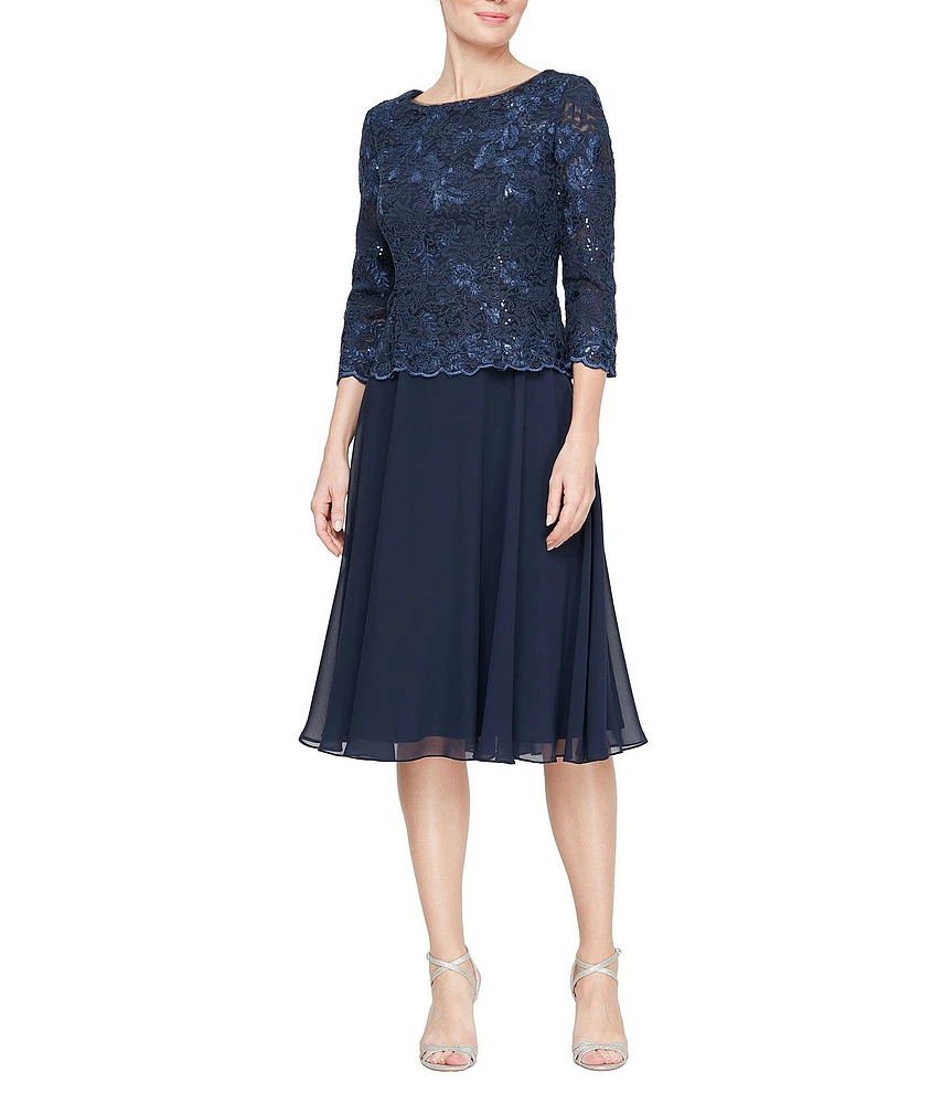 Alex Evenings Petite Size Embroidered Boat Neck 3/4 Sleeve A-Line Midi Dress