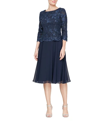 Alex Evenings Petite Size Embroidered Boat Neck 3/4 Sleeve A-Line Midi Dress