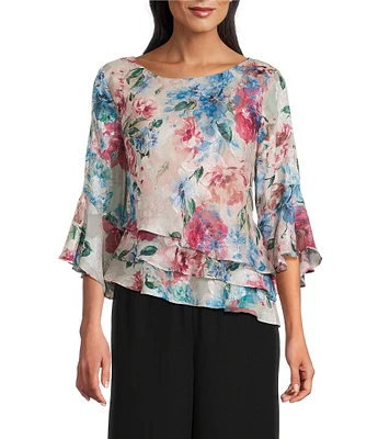 Alex Evenings Petite Size Floral 3/4 Bell Sleeve Chiffon Burnout Blouse