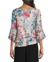 Alex Evenings Petite Size Floral 3/4 Bell Sleeve Chiffon Burnout Blouse