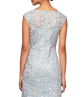 Alex Evenings Petite Size Floral Embroidered Illusion Boat Neck Cap Sleeve Gown