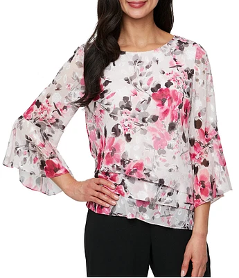 Alex Evenings Petite Size Floral Print 3/4 Sleeve Blouse