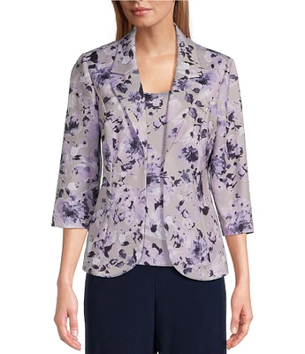 Alex Evenings Petite Size Floral Print 3/4 Sleeve Notch Lapel Collar Crepe Twinset