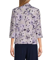 Alex Evenings Petite Size Floral Print 3/4 Sleeve Notch Lapel Collar Crepe Twinset