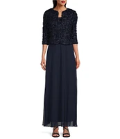 Alex Evenings Petite Size Lace Scoop Neck 3/4 Sleeve Empire Waist Open Soutache 2-Piece Jacket Dress