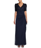 Alex Evenings Petite Size Lace Soutache Bodice V-Neck Short Sleeve Cascade Ruffle Empire Waist Dress