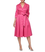 Alex Evenings Petite Size Mikado Collared V Neck 3/4 Sleeve Tie Sash Belt A Line Midi Dress