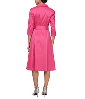 Alex Evenings Petite Size Mikado Collared V Neck 3/4 Sleeve Tie Sash Belt A Line Midi Dress