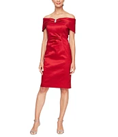 Alex Evenings Petite Size Off-The-Shoulder Embellished Neckline Short Sleeve Stretch Taffeta Sheath Dress