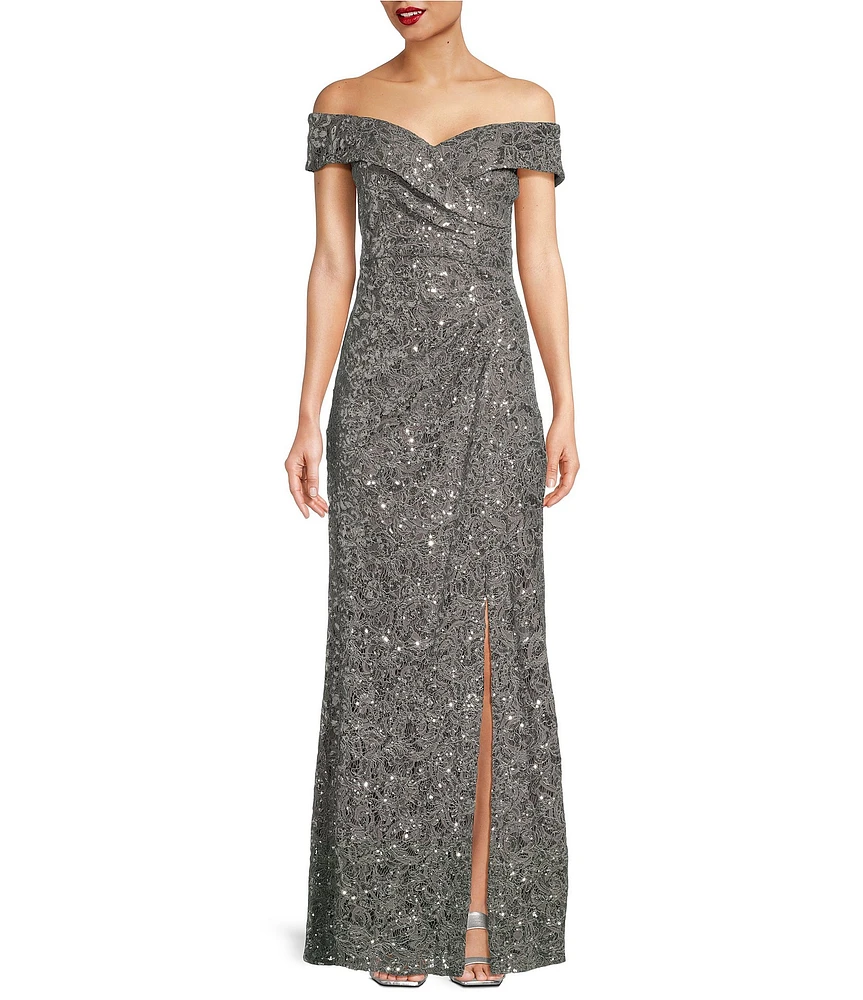 Alex Evenings Petite Size Off the Shoulder Short Sleeve Sequin Lace Gown