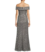 Alex Evenings Petite Size Off the Shoulder Short Sleeve Sequin Lace Gown