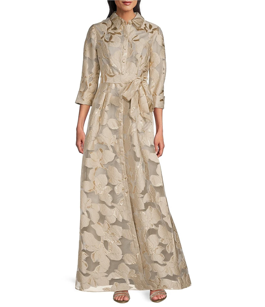 Alex Evenings Petite Size Point Collar 3/4 Sleeve Jacquard Ballgown