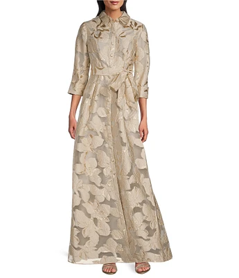 Alex Evenings Petite Size Point Collar 3/4 Sleeve Jacquard Ballgown