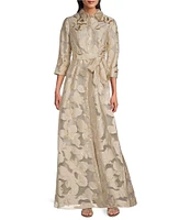 Alex Evenings Petite Size Point Collar 3/4 Sleeve Jacquard Ballgown