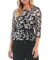 Alex Evenings Petite Size Round Neck 3/4 Sleeve Stretch Embroidered Floral Sequin Peplum Ribbon Belt Blouse