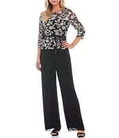 Alex Evenings Petite Size Round Neck 3/4 Sleeve Stretch Embroidered Floral Sequin Peplum Ribbon Belt Blouse