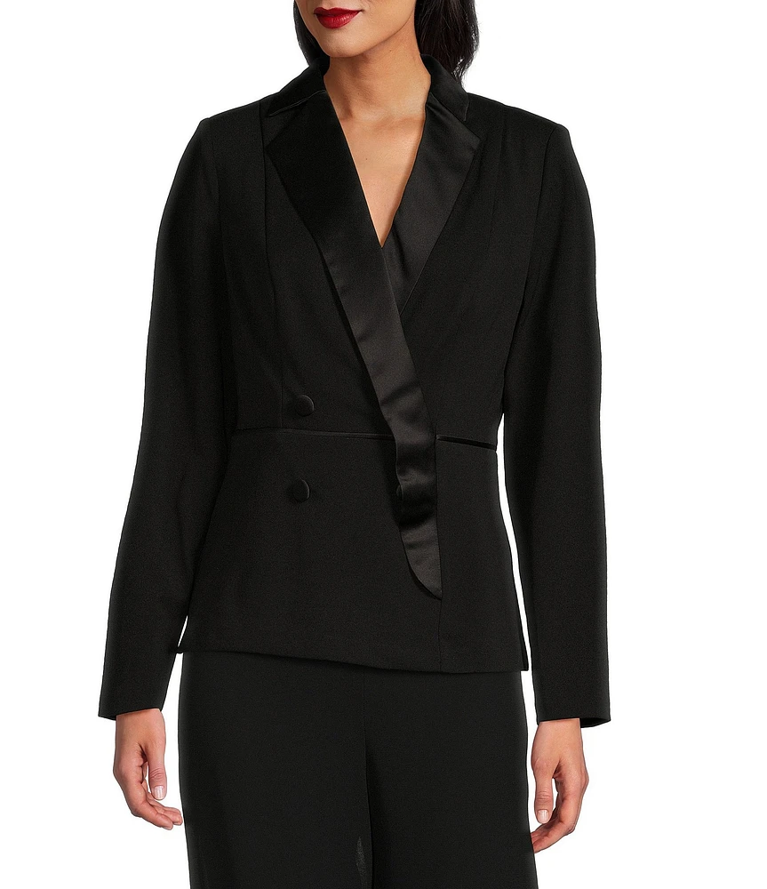 Alex Evenings Petite Size Satin Collar V-Neck Long Sleeve Crepe Tuxedo Blouse